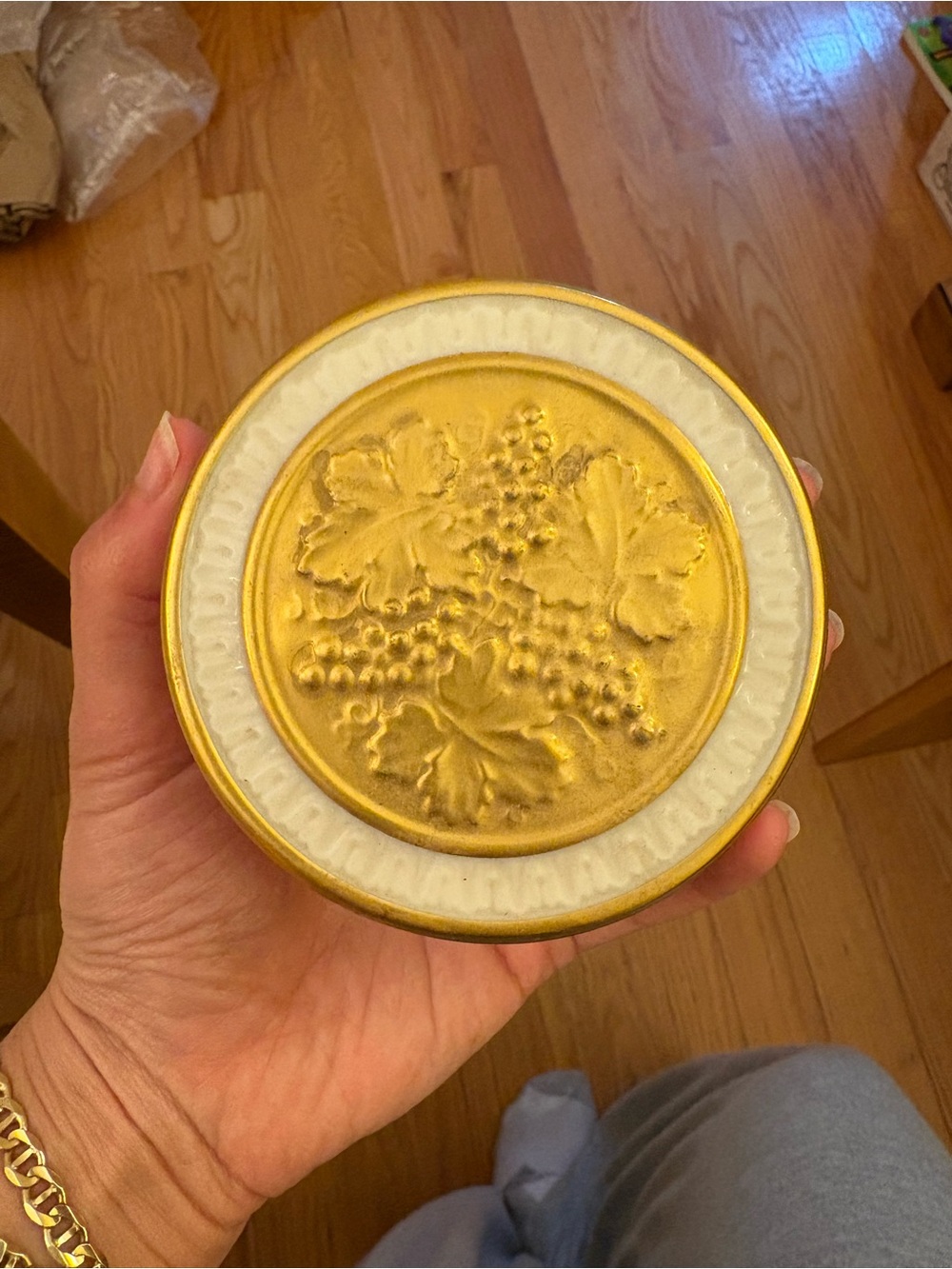 Lenox Gold and White Embossed Grape Motif Trinket Box Lid